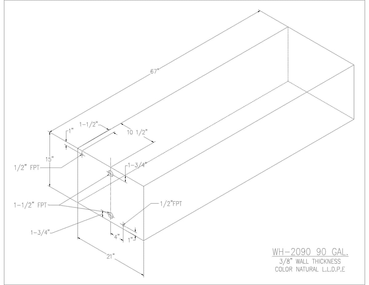 Trionic WH-2090 90 gallon water/holding tank drawing with fitting locations, 67 x 21 x 15 in