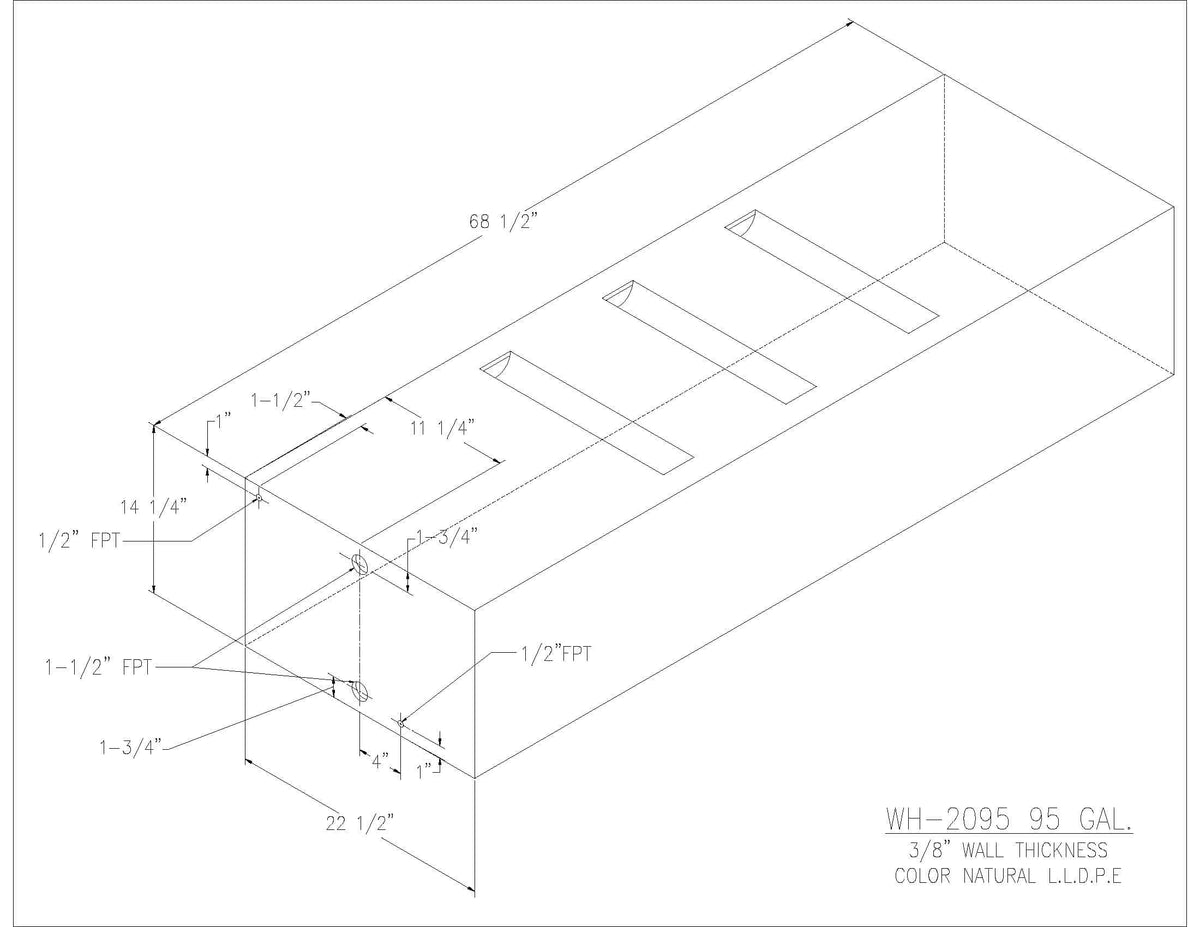 Trionic WH-2095 95 gallon water/holding tank drawing with fitting locations, 68.5 x 22.5 x 14.25 in