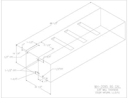 Trionic WH-2095 95 gallon water/holding tank drawing with fitting locations, 68.5 x 22.5 x 14.25 in