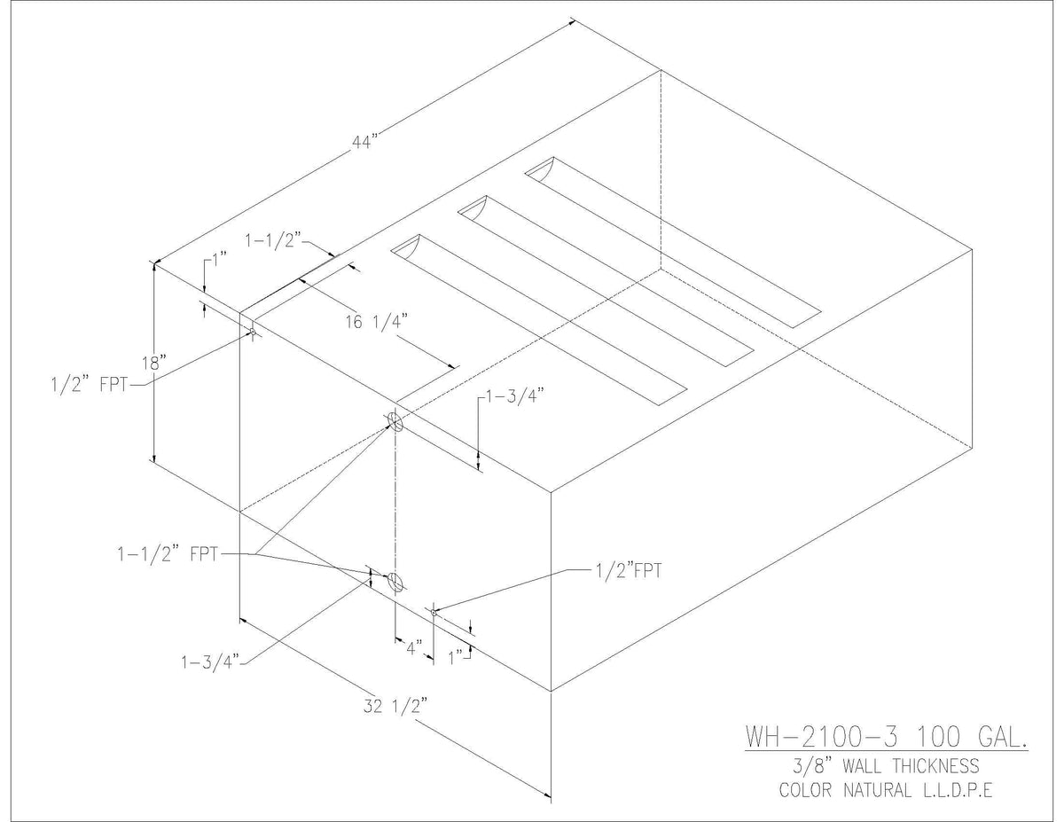 Trionic WH-2100-3 100 gallon water/holding tank drawing with fitting locations, 44 x 32.5 x 18 in