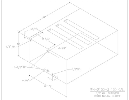 Trionic WH-2100-3 100 gallon water/holding tank drawing with fitting locations, 44 x 32.5 x 18 in
