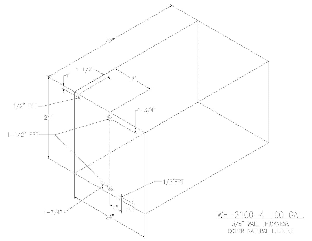 Trionic WH-2100-4 100 gallon water/holding tank drawing with fitting locations, 42 x 24 x 24 in