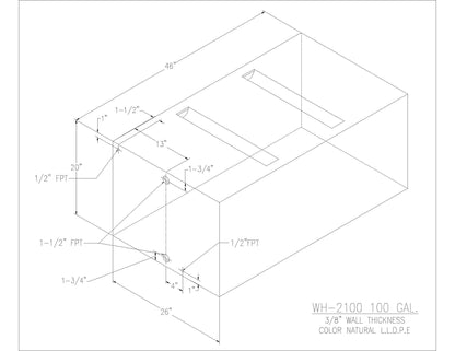 Trionic WH-2100 100 gallon water/holding tank drawing with fitting locations, 46 x 26 x 20 in