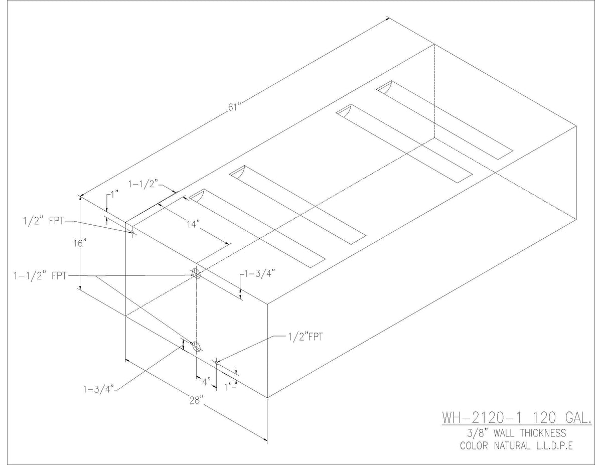 Trionic WH-2120-1 120 gallon water/holding tank drawing with fitting locations, 61 x 28 x 16 in