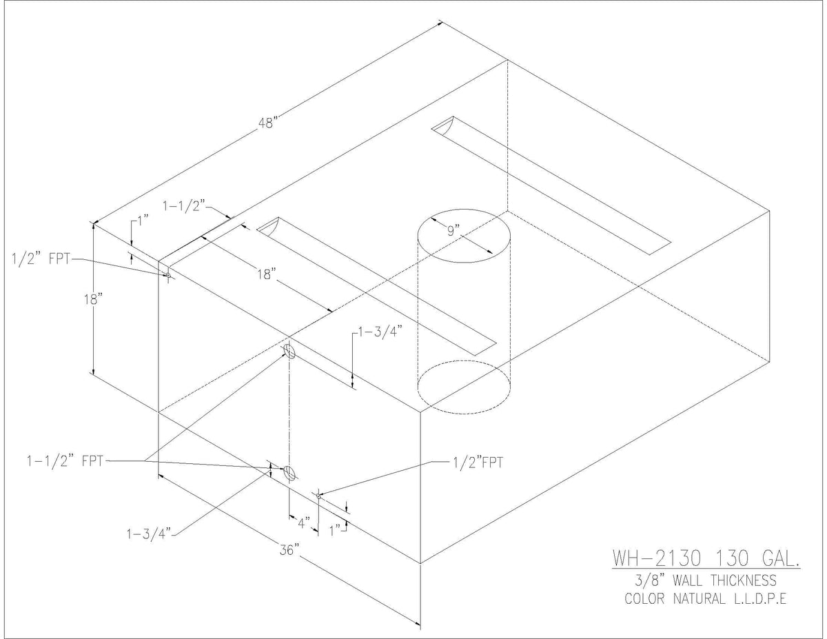 Trionic WH-2130 130 gallon water/holding tank drawing with fitting locations, 48 x 36 x 18 in