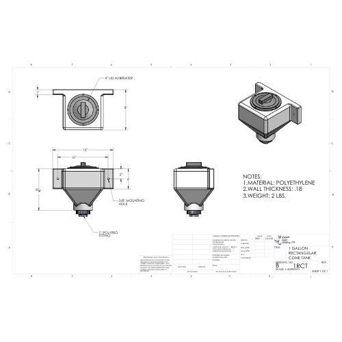 1 Gallon Custom Roto-Mold Rectangular Plastic Cone Bottom Tank (MPN 1 RCT)