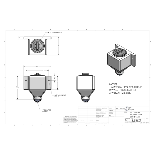 1.5 Gallon Custom Roto-Mold Rectangular Plastic Cone Bottom Tank (MPN 1.5 RCT)