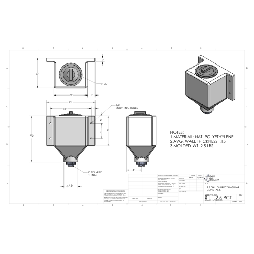 2.5 Gallon Custom Roto-Mold Rectangular Plastic Cone Bottom Tank (MPN 2.5 RCT)