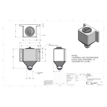 2.5 Gallon Custom Roto-Mold Rectangular Plastic Cone Bottom Tank (MPN 2.5 RCT)