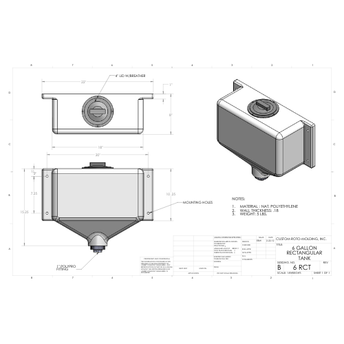 6 Gallon Custom Roto-Mold Rectangular Plastic Cone Bottom Tank (MPN 6 RCT)