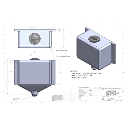 10 Gallon Custom Roto-Mold Rectangular Plastic Cone Bottom Tank (MPN 10 RCT)