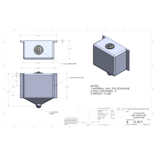 15 Gallon Custom Roto-Mold Rectangular Plastic Cone Bottom Tank (MPN 15 RCT)