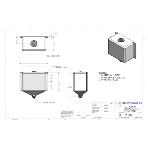 20 Gallon Custom Roto-Mold Rectangular Plastic Cone Bottom Tank (MPN 20 RCT)