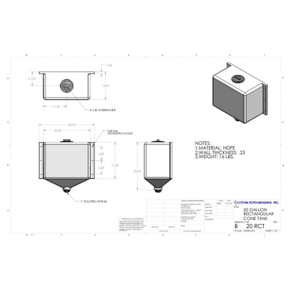 20 Gallon Custom Roto-Mold Rectangular Plastic Cone Bottom Tank (MPN 20 RCT)