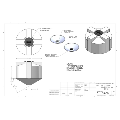 55 Gallon Custom Roto-Mold Plastic Cone Bottom Tank (MPN 55 CB)