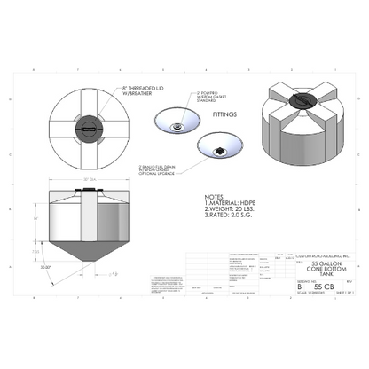 55 Gallon Custom Roto-Mold Plastic Cone Bottom Tank (MPN 55 CB)
