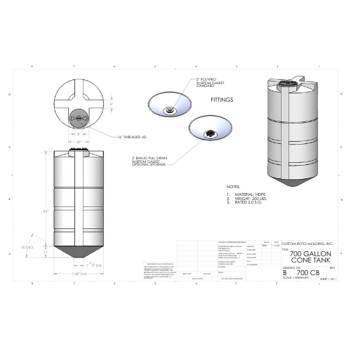 700 Gallon Custom Roto-Mold Plastic Cone Bottom Tank (MPN 700 CB)