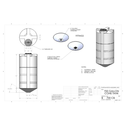 700 Gallon Custom Roto-Mold Plastic Cone Bottom Tank (MPN 700 CB)