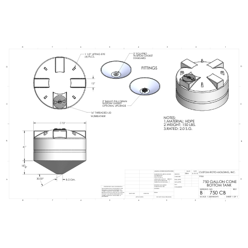 750 Gallon Custom Roto-Mold Plastic Cone Bottom Tank (MPN 750 CB)