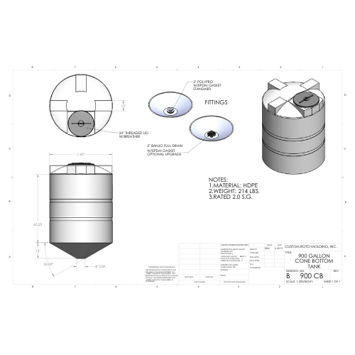 900 Gallon Custom Roto-Mold Plastic Cone Bottom Tank (MPN 900 CB)