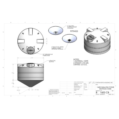 1600 Gallon Custom Roto-Mold Plastic Cone Bottom Tank (MPN 1600 CB)
