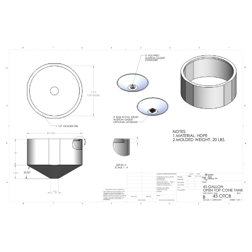 45 Gallon Custom Roto-Mold Open Top  Plastic Cone Bottom Tank (MPN 45 OTCB)
