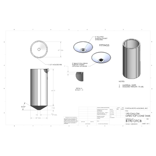 190 Gallon Custom Roto-Mold Open Top  Plastic Cone Bottom Tank (MPN 190 OTCB)