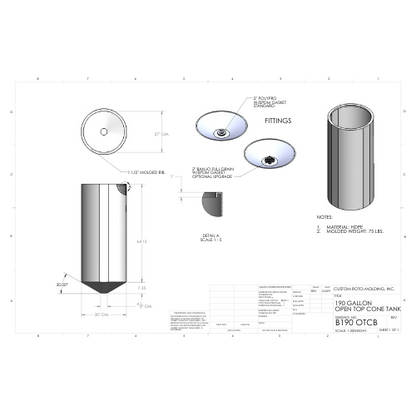 190 Gallon Custom Roto-Mold Open Top  Plastic Cone Bottom Tank (MPN 190 OTCB)