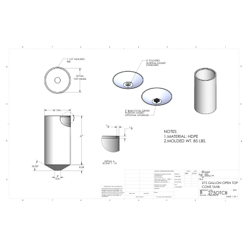 275 Gallon Custom Roto-Mold Open Top  Plastic Cone Bottom Tank (MPN 275 OTCB)