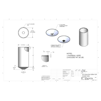 275 Gallon Custom Roto-Mold Open Top  Plastic Cone Bottom Tank (MPN 275 OTCB)