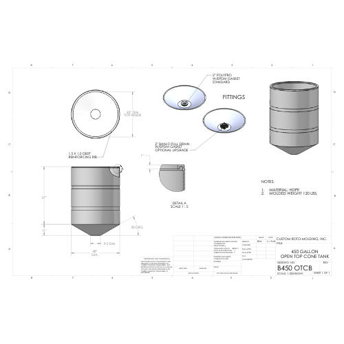 450 Gallon Custom Roto-Mold Open Top  Plastic Cone Bottom Tank (MPN 450 OTCB)