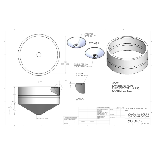 600 Gallon Custom Roto-Mold Open Top  Plastic Cone Bottom Tank (MPN 600 OTCB)
