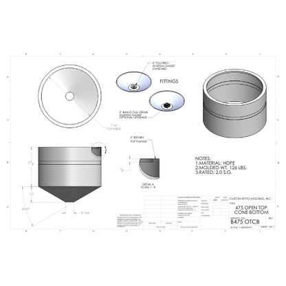475 Gallon Custom Roto-Mold Open Top  Plastic Cone Bottom Tank (MPN 475 OTCB)