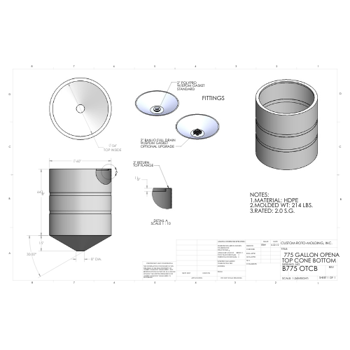 775 Gallon Custom Roto-Mold Open Top  Plastic Cone Bottom Tank (MPN 775 OTCB)