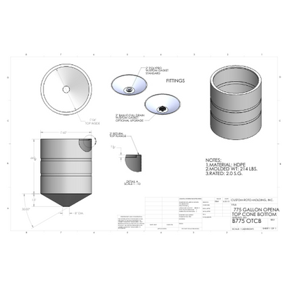 775 Gallon Custom Roto-Mold Open Top  Plastic Cone Bottom Tank (MPN 775 OTCB)