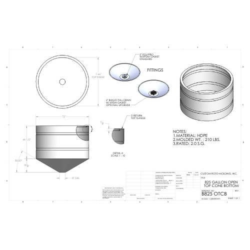825 Gallon Custom Roto-Mold Open Top  Plastic Cone Bottom Tank (MPN 825 OTCB)