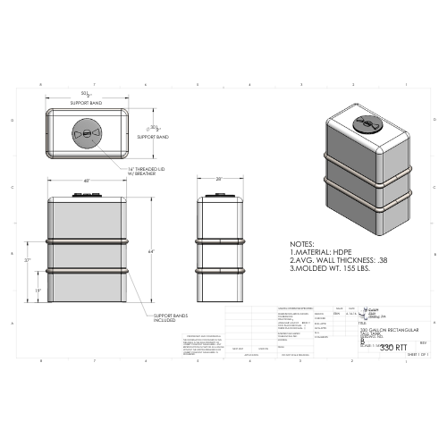 330 Gallon Custom Roto-Mold Plastic Rectangular Tall Utility Tank (MPN 330 RTT)