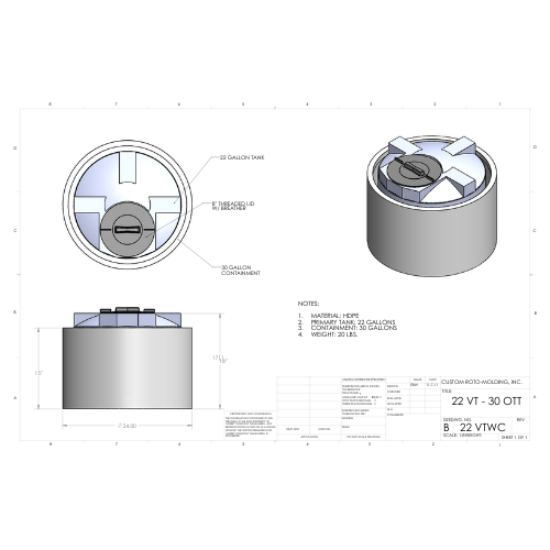 22 Gallon Custom Roto-Mold Plastic Vertical Tank w/ Lid And 30 OTT Containment (MPN 22 VTWC)