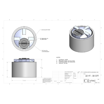 22 Gallon Custom Roto-Mold Plastic Vertical Tank w/ Lid And 30 OTT Containment (MPN 22 VTWC)