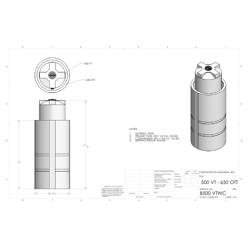 500 Gallon Custom Roto-Mold Plastic Vertical Tank w/ Lid And 650 OTT Containment (MPN 500 VTWC)