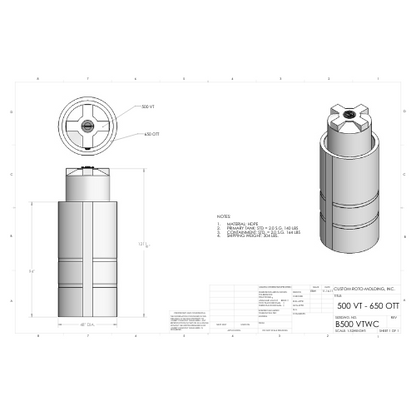 500 Gallon Custom Roto-Mold Plastic Vertical Tank w/ Lid And 650 OTT Containment (MPN 500 VTWC)