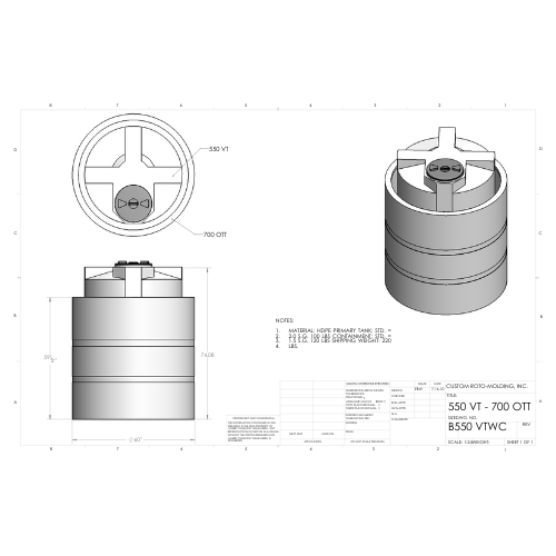 550 Gallon Custom Roto-Mold Plastic Vertical Tank w/ Lid And 700 OTT Containment (MPN 550 VTWC)