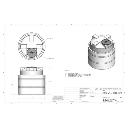 825 Gallon Custom Roto-Mold Plastic Vertical Tank w/ Lid And 900 OTT Containment (MPN 825 VTWC)