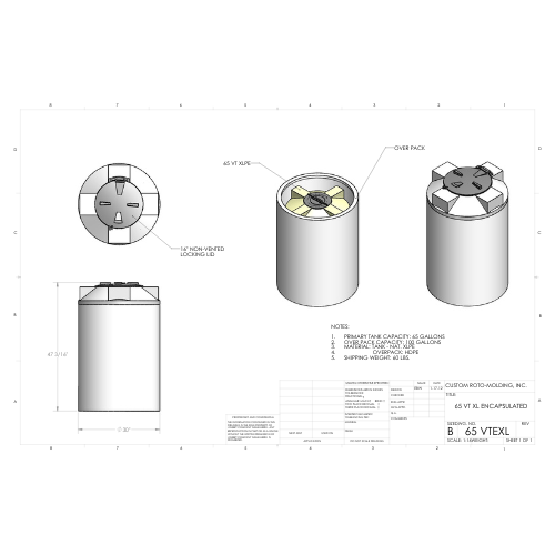 65 Gallon Custom Roto-Mold Enclosed Double Wall Vertical Tank (MPN 65 VTEXL)