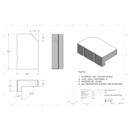 85 Gallon Custom Roto-Mold Marine Water Tank (MPN: MW-549)