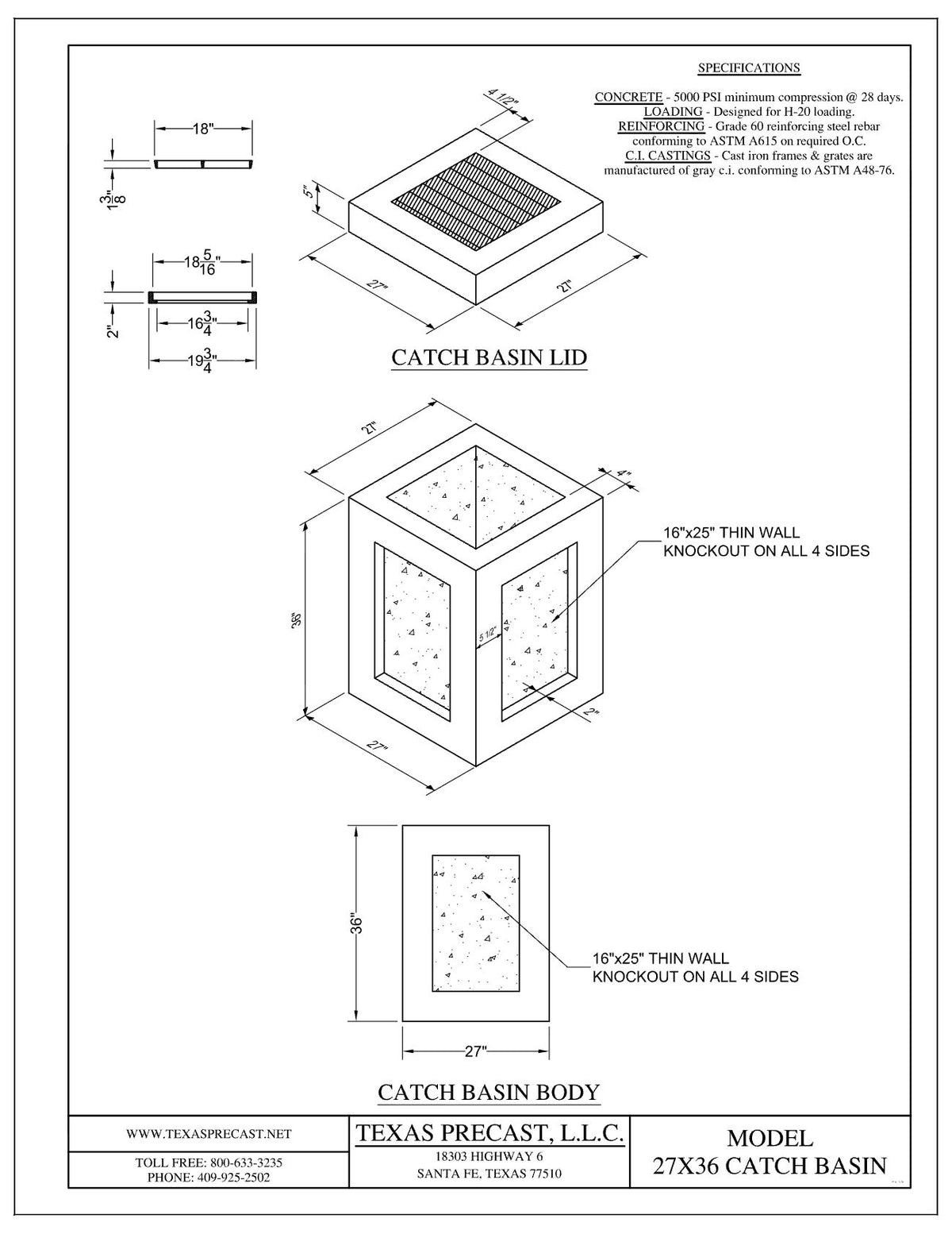 Texas Precast 27x36 concrete catch basin dimensional drawing showing 27 inch square body, 36 inch depth and 16 by 25 inch knockouts