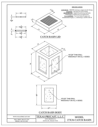 Texas Precast 27x36 concrete catch basin dimensional drawing showing 27 inch square body, 36 inch depth and 16 by 25 inch knockouts