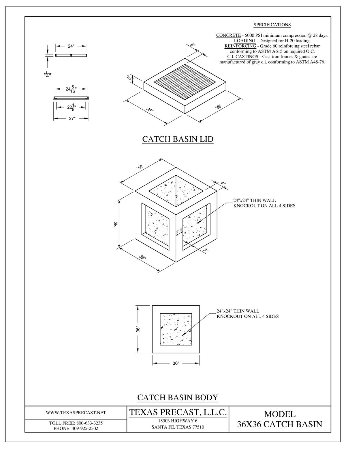 Texas Precast 36x36 concrete catch basin dimensional drawing showing 36 inch square body, 36 inch depth and 24 by 24 inch knockouts
