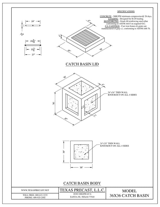 Texas Precast 36x36 concrete catch basin dimensional drawing showing 36 inch square body, 36 inch depth and 24 by 24 inch knockouts