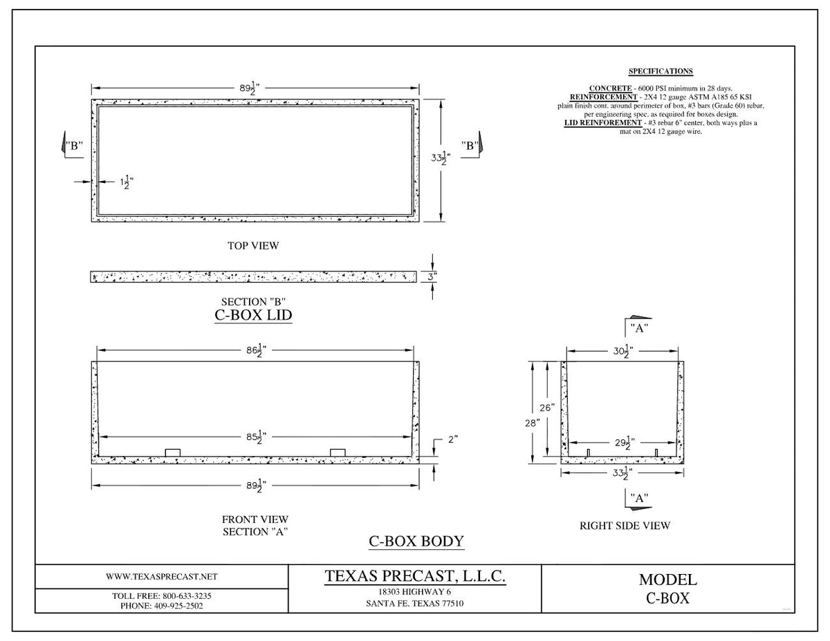 Texas Precast C Box dimensional drawing showing 89 and a half inch long by 33 and a half inch wide by 28 inch tall concrete box with lid